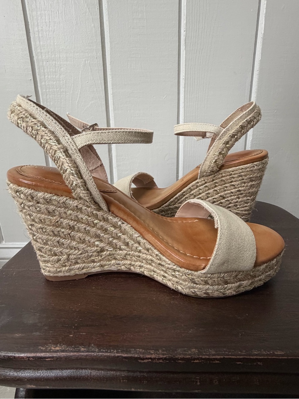 Kelly & Katie Canvas & Gold Shimmer Espadrille Wedge Sandals
